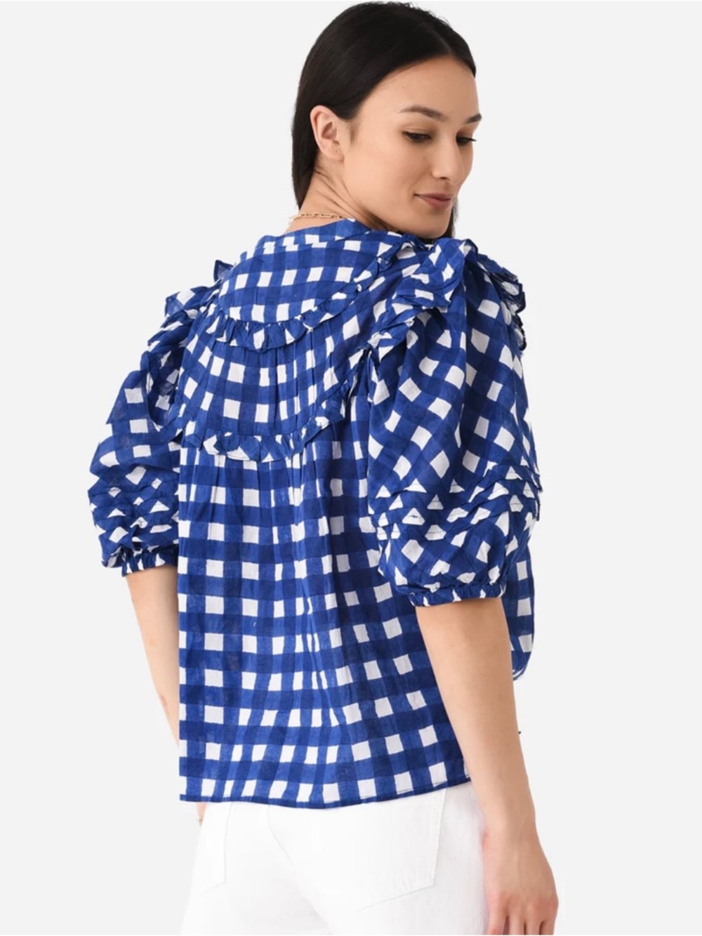 Cleobella Blue Check Gingham Ruffle V-Neck Top - Picture 3 of 9